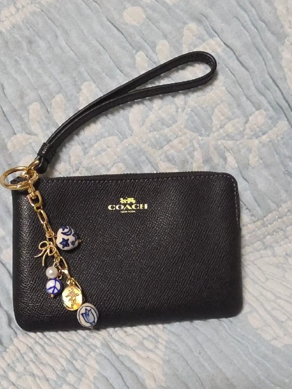 Coach Black Leather Zip Wristlet with Gold Logo